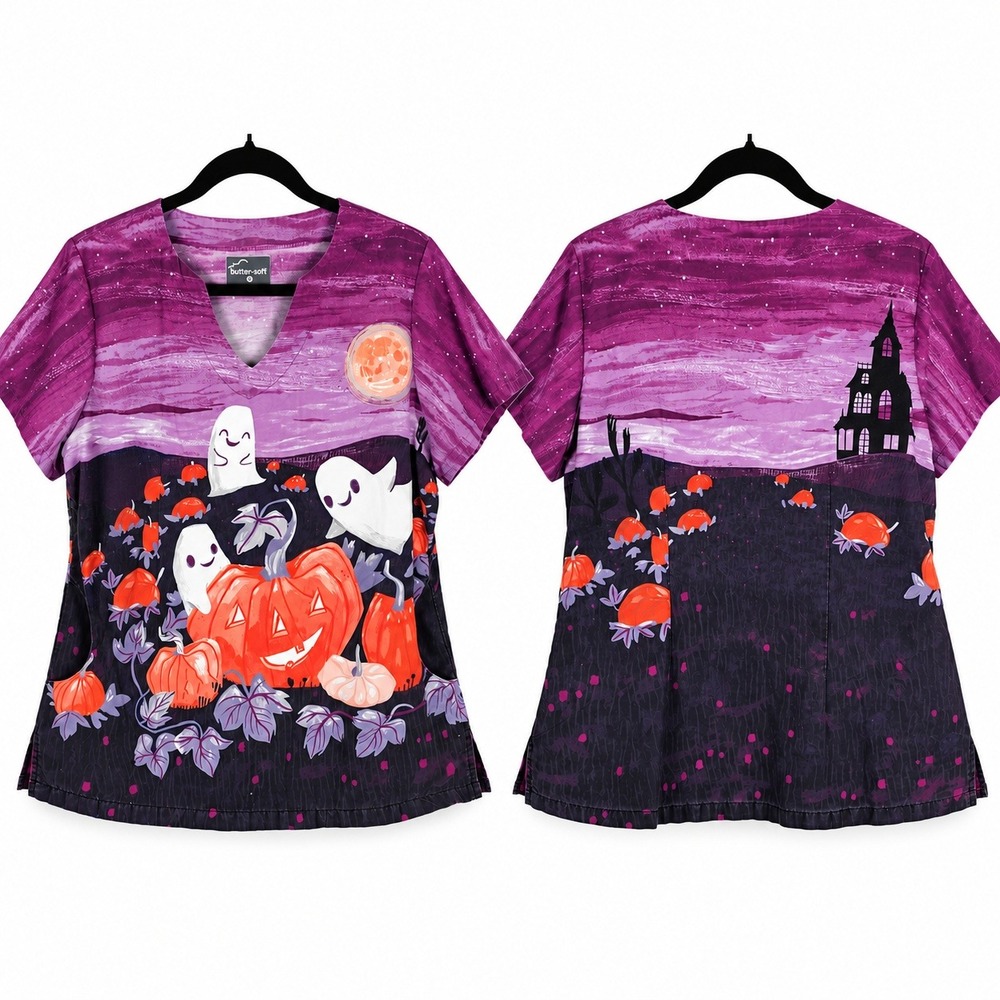 Butter-Soft Halloween Scrub Top Large Purple Ghost Pumpkin Haunted House V-Neck